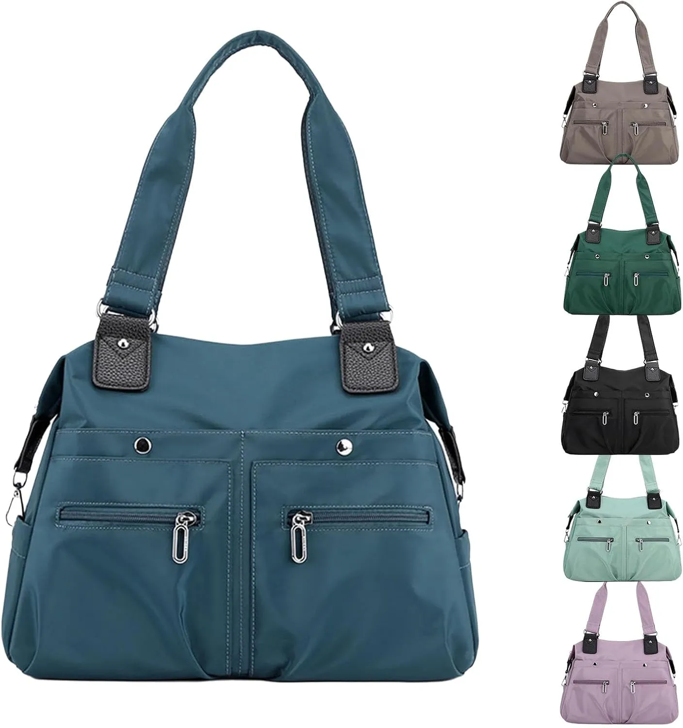 Langrents Nylon Tote Bag, Large Capacity Waterproof Multi Pocket Shoulder Bag, Lightweight Nylon Shoulder Bag with Zipper