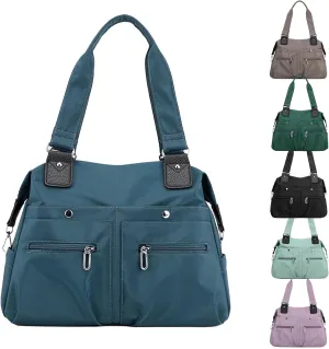 Langrents Nylon Tote Bag, Large Capacity Waterproof Multi Pocket Shoulder Bag, Lightweight Nylon Shoulder Bag with Zipper