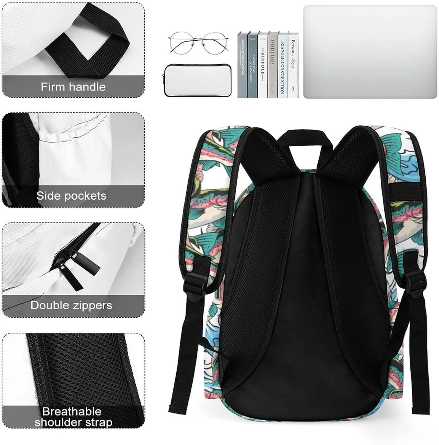 Laptop Backpack for Men Women Kawaii Trout Fish Travel Work Backpack with Compartment Large Capacity Summer Daypack Business Work Bag