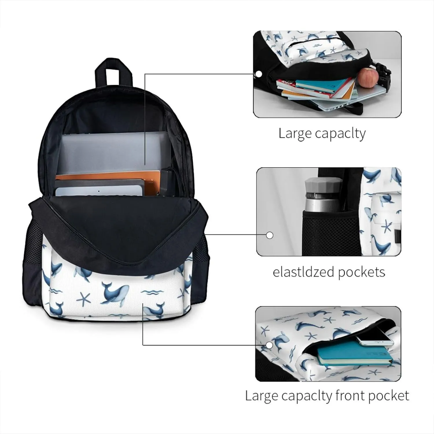 Large Capacity Leisure Travel Backpack Adjustable Strap Suitable Work Outdoor Sport for Woman Man Whale Starfish