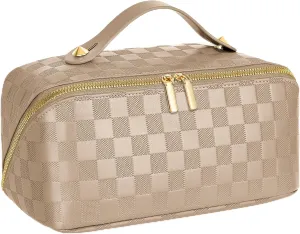 Large Capacity Travel Cosmetic Bag - Portable Makeup Bags for Women Waterproof PU Leather Checkered Makeup Organizer Bag with Dividers and Handle,Toiletry Bag for Cosmetics