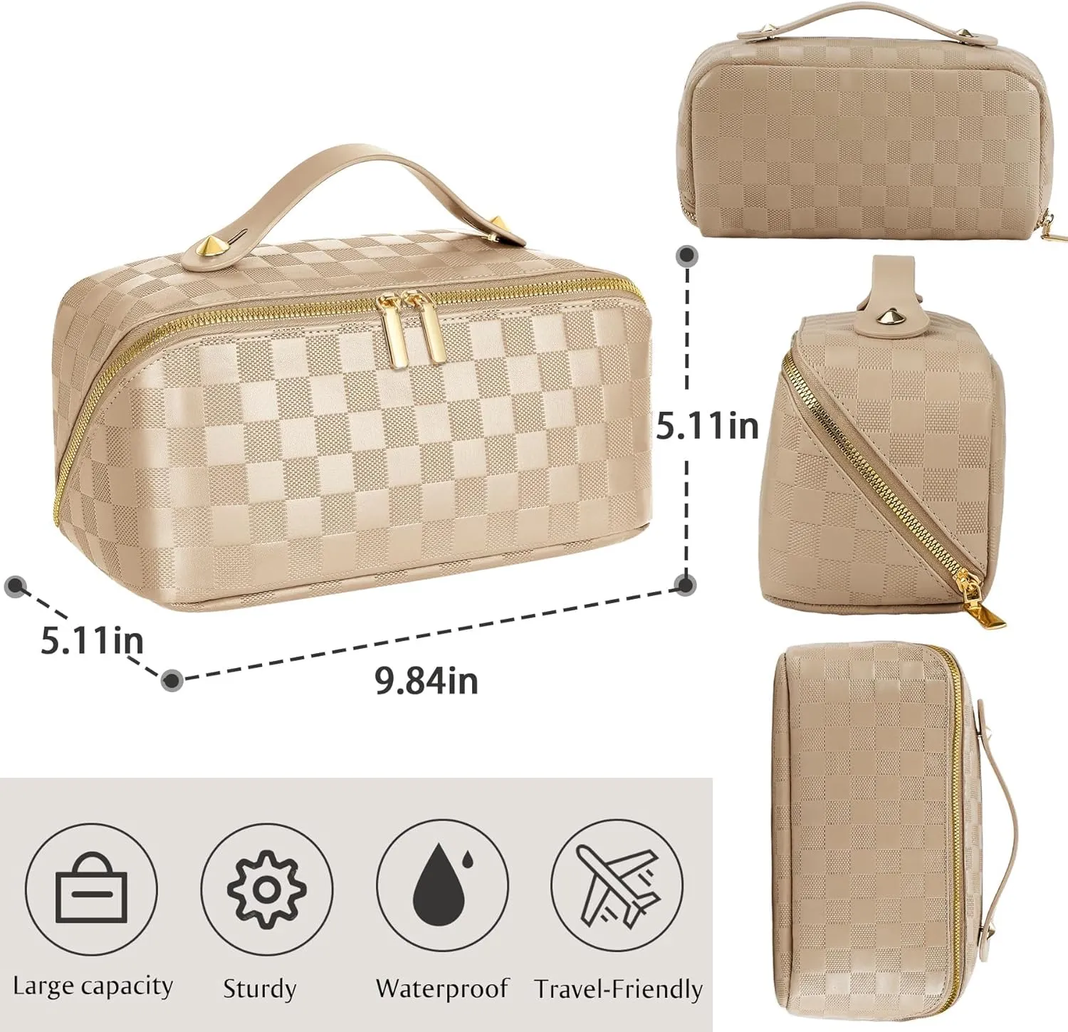 Large Capacity Travel Cosmetic Bag - Portable Makeup Bags for Women Waterproof PU Leather Checkered Makeup Organizer Bag with Dividers and Handle,Toiletry Bag for Cosmetics