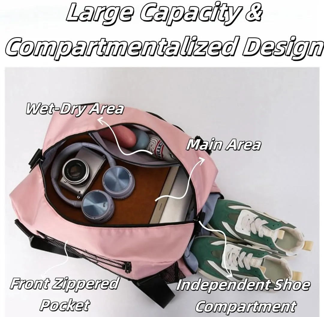 Large Capacity Waterproof Sports Duffel, Expandable Travel Bag with Shoe Compartment & 3 Front Pockets (Pink)