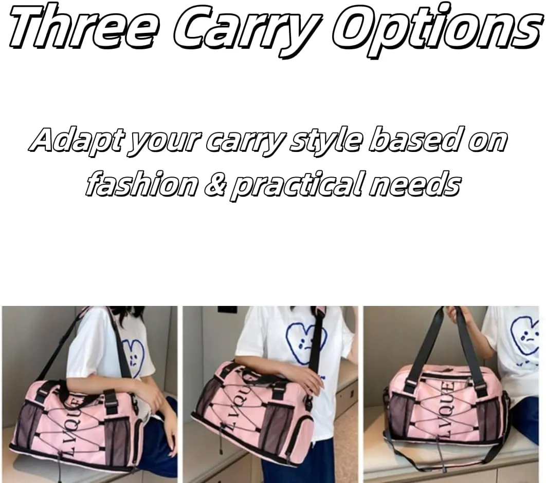 Large Capacity Waterproof Sports Duffel, Expandable Travel Bag with Shoe Compartment & 3 Front Pockets (Pink)