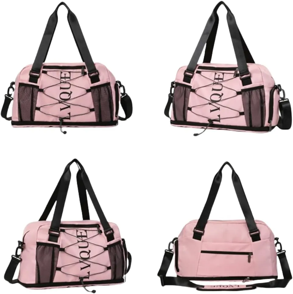 Large Capacity Waterproof Sports Duffel, Expandable Travel Bag with Shoe Compartment & 3 Front Pockets (Pink)