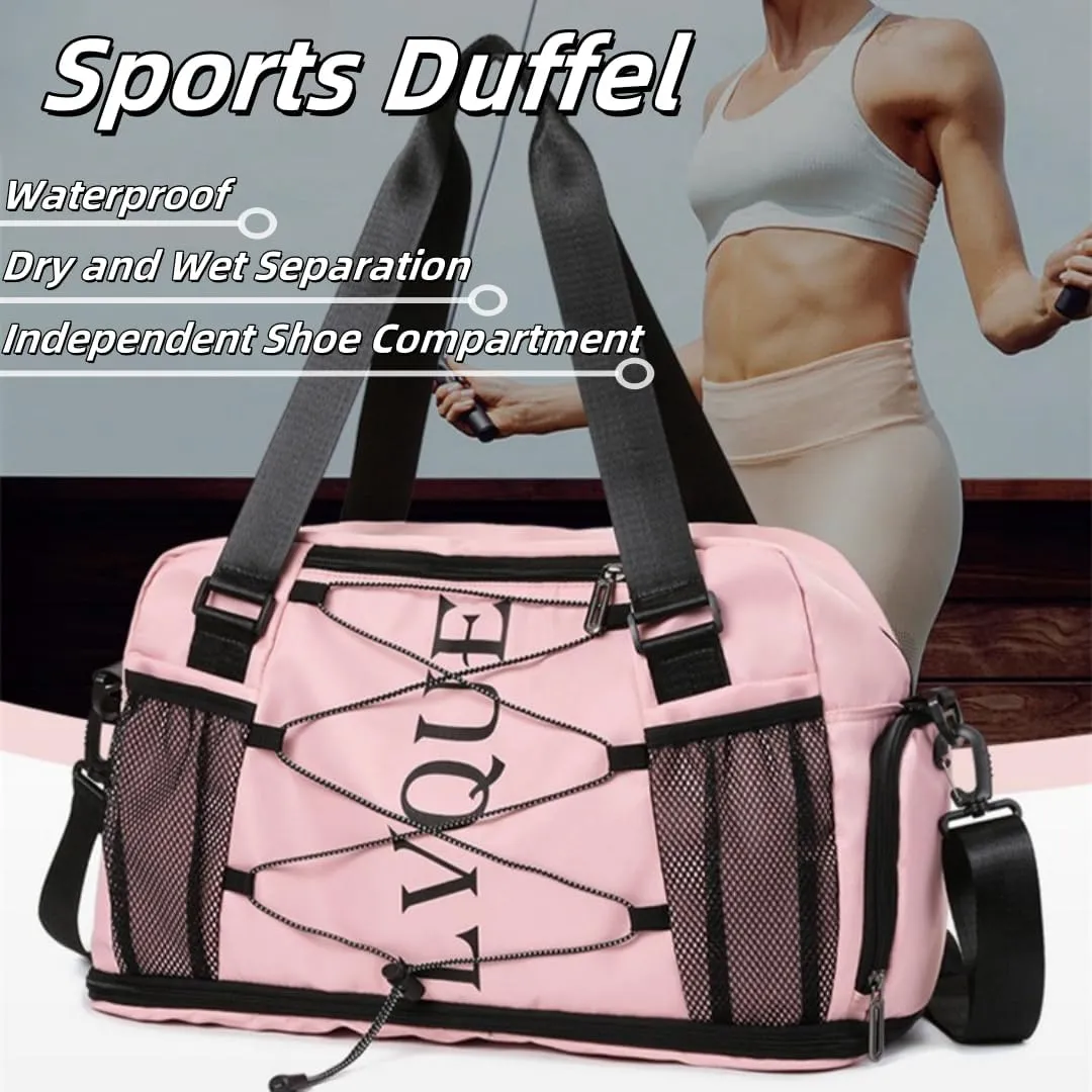 Large Capacity Waterproof Sports Duffel, Expandable Travel Bag with Shoe Compartment & 3 Front Pockets (Pink)