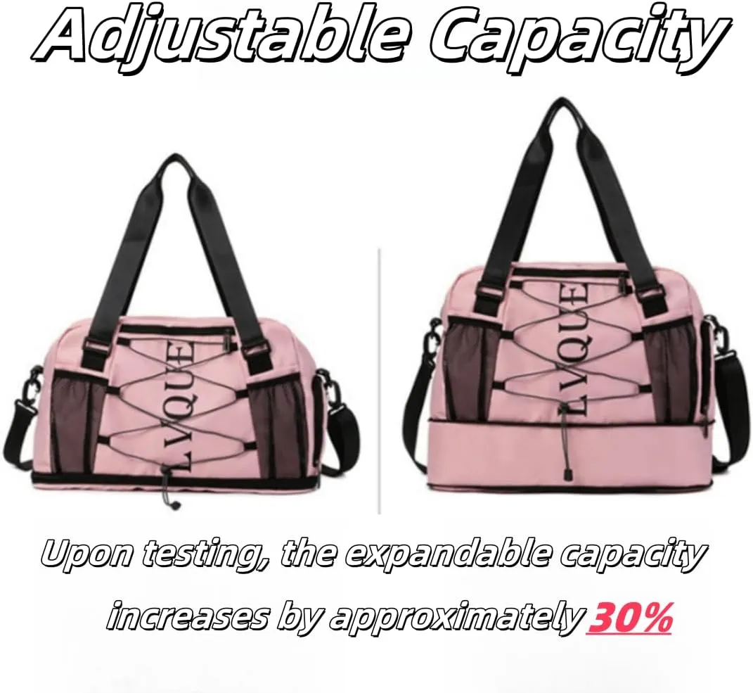 Large Capacity Waterproof Sports Duffel, Expandable Travel Bag with Shoe Compartment & 3 Front Pockets (Pink)