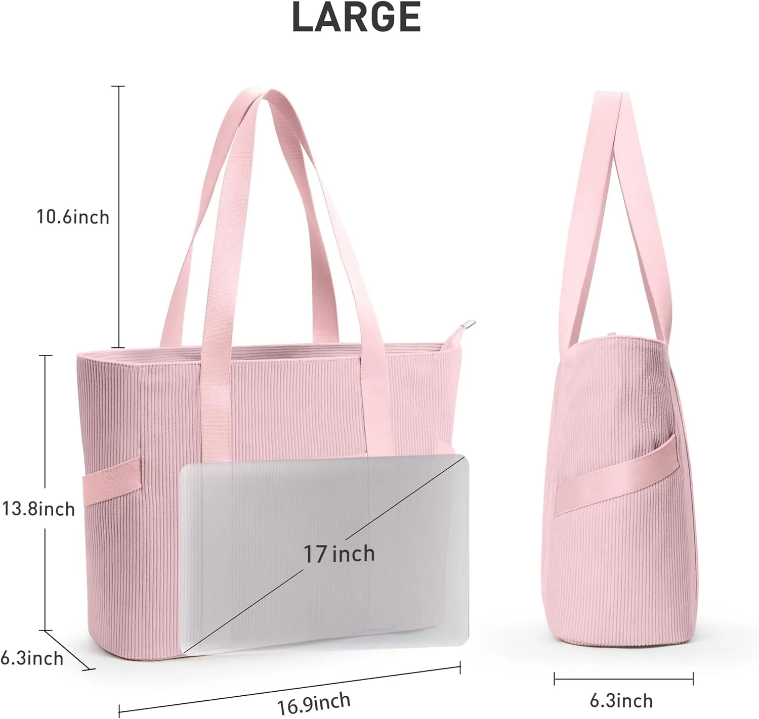 Large Corduroy Tote Bag Women Zipper 24L Anti Splash Casual Shoulder Hobo Handbag Everyday for Stanley Cup Holder