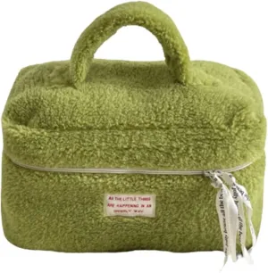 Large Cosmetic Bag Cute Makeup Bag Y2k Aesthetic Make Up Bag Fleece Cosmetic Bag for Purse (Large,Brown)