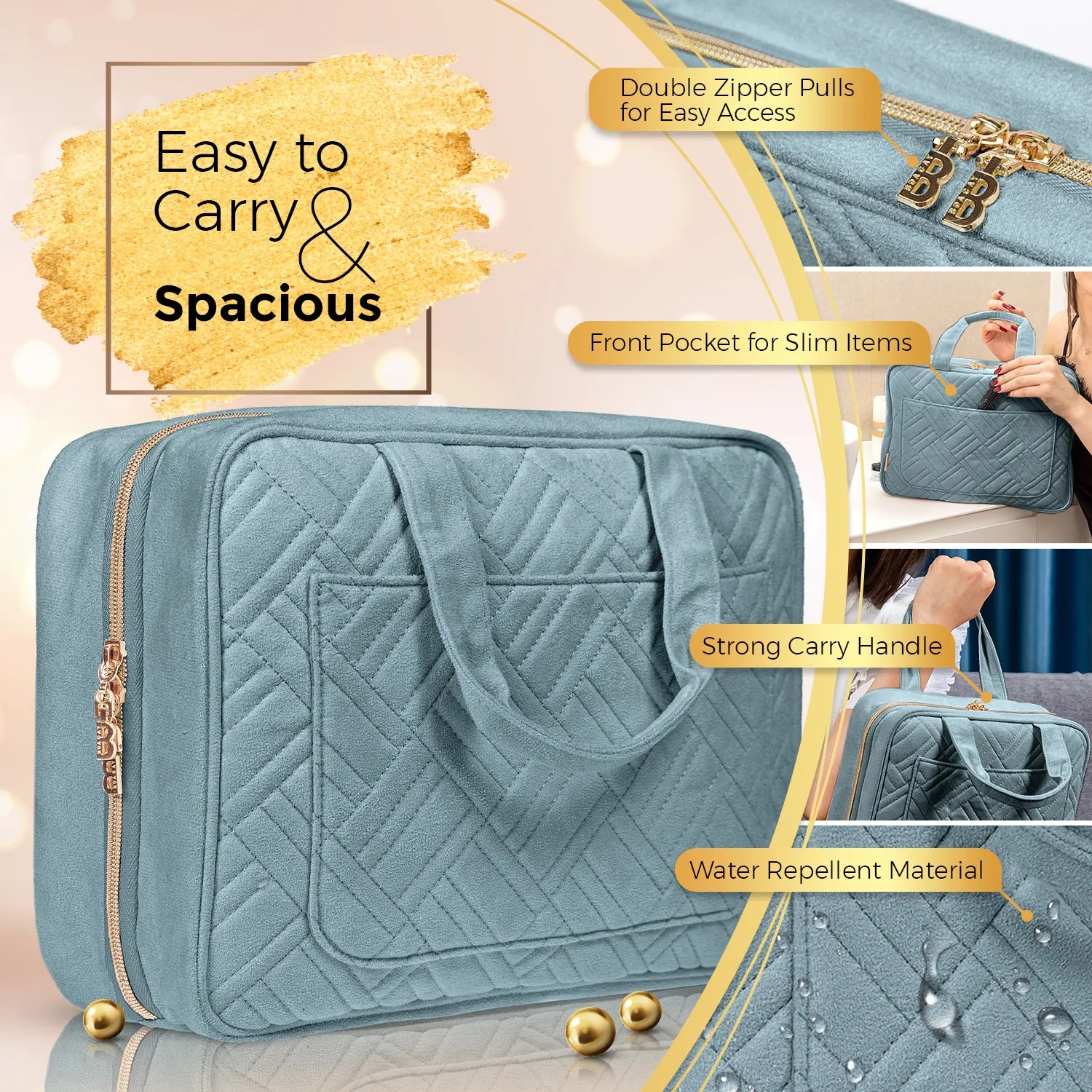 Large Foldable Hanging Toiletry Bag - Baby Blue (Dark Interior)