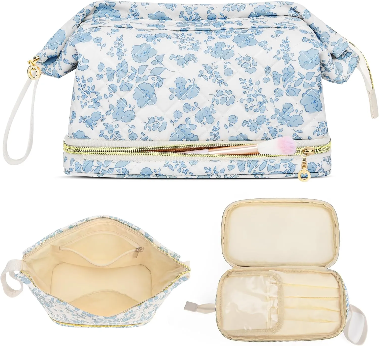 Large Makeup Bag, Quilted Cosmetic Bag, Large Floral Make Up Bag for Women, Cute Floral Skin Care Bag Double Layer Makeup Bags Flower Travel Toiletry Bag - Blue Flower