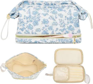 Large Makeup Bag, Quilted Cosmetic Bag, Large Floral Make Up Bag for Women, Cute Floral Skin Care Bag Double Layer Makeup Bags Flower Travel Toiletry Bag - Blue Flower