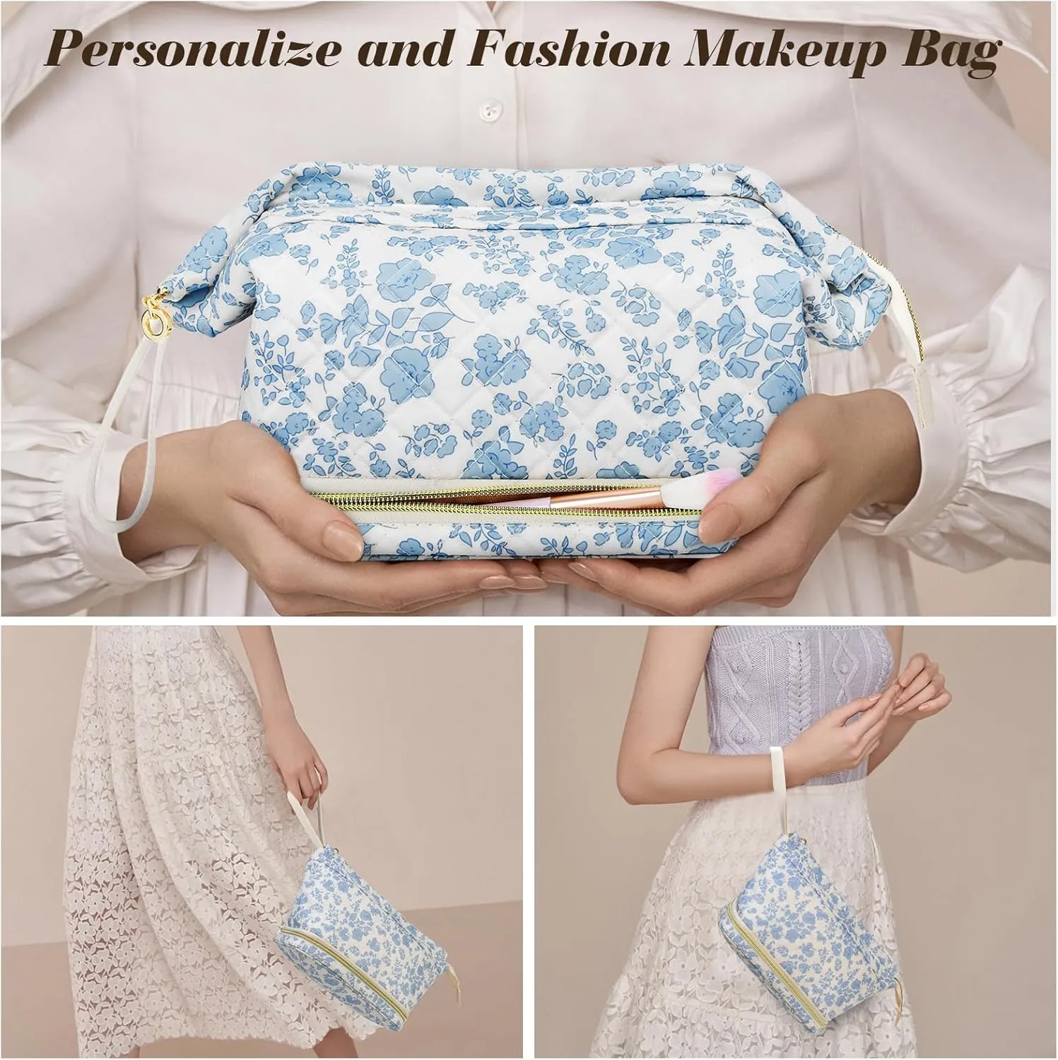Large Makeup Bag, Quilted Cosmetic Bag, Large Floral Make Up Bag for Women, Cute Floral Skin Care Bag Double Layer Makeup Bags Flower Travel Toiletry Bag - Blue Flower