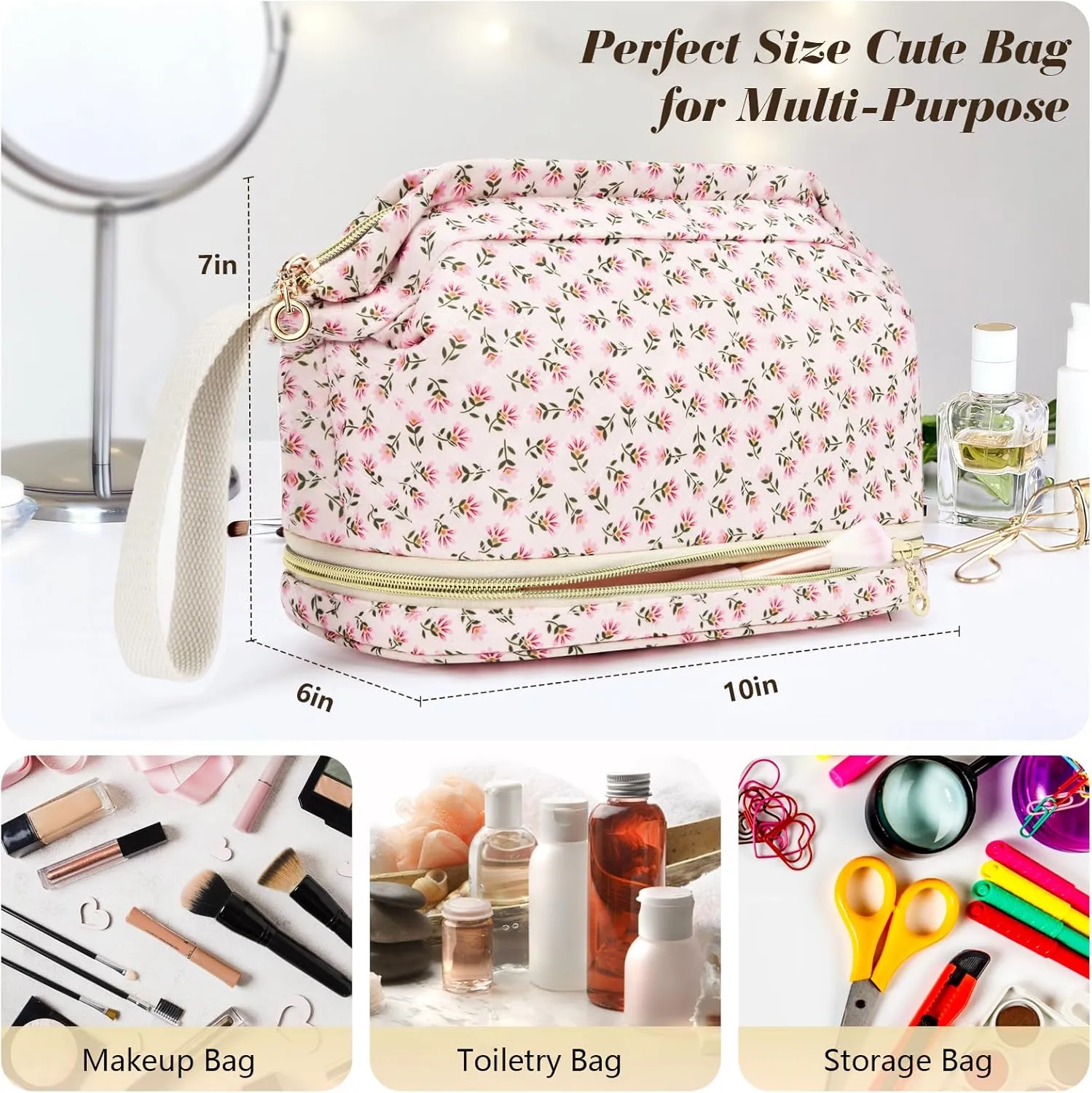 Large Makeup Bag, Quilted Cosmetic Bag, Large Floral Make Up Bag for Women, Cute Floral Skin Care Bag Double Layer Makeup Bags Flower Travel Toiletry Bag - Blue Flower