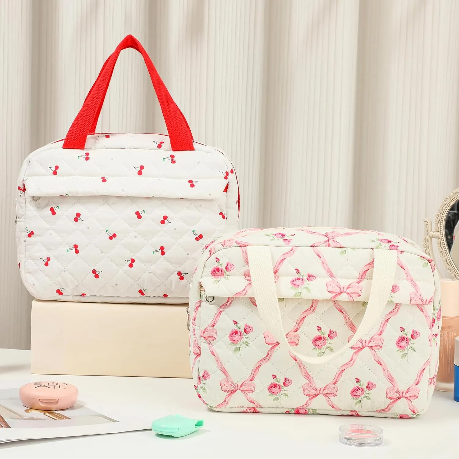 Large Size Quilted Coquette Makeup Bag, Cute Preppy Floral Cotton Travel Cosmetic Organizer Bag with Top Handle, Multi-Layer Travel Toiletry Pouch for Girls(02Cherry)
