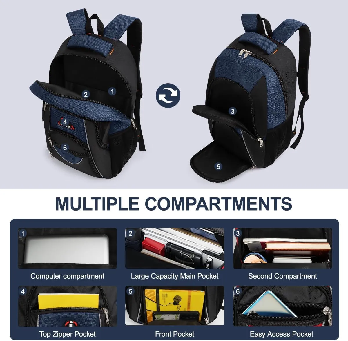 Large Travel Backpack,Carrt on Bussiness Backpack Waterproof Expandable Airplane Approved Weekender Bag for Man Women Navy