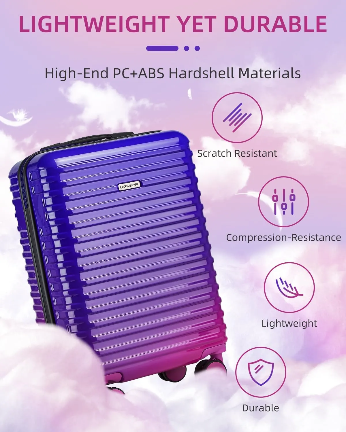 LARVENDER Carry on Luggage 22x14x9 Airline Approved, 20 Inch Hardside Suitcase with Wheels TSA Lock, PC ABS Lightweight Carry on Suitcases for Women, Midnight Berry (20/DB/TB)