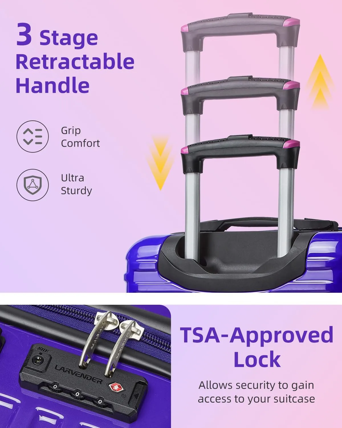 LARVENDER Carry on Luggage 22x14x9 Airline Approved, 20 Inch Hardside Suitcase with Wheels TSA Lock, PC ABS Lightweight Carry on Suitcases for Women, Midnight Berry (20/DB/TB)