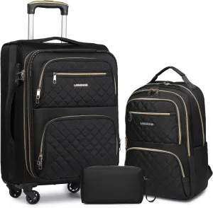 LARVENDER Softside Carry On Luggage 3 Piece, Expandable Carry On Luggage 22x14x9 Airline Approved 20-inch Carry on Suitcase with Spinner Wheels for Men Women, TSA Lock, Black (20/BP/TB)