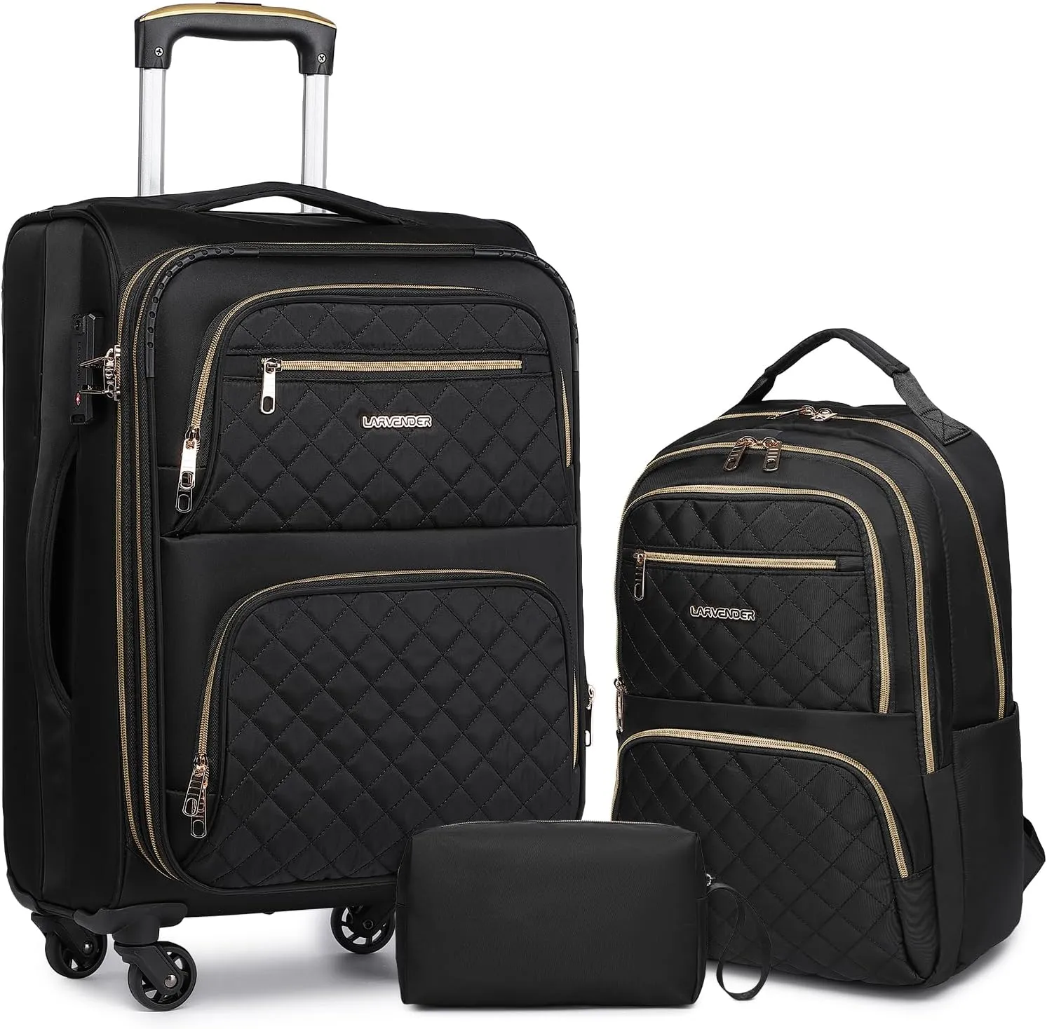 LARVENDER Softside Carry On Luggage 3 Piece, Expandable Carry On Luggage 22x14x9 Airline Approved 20-inch Carry on Suitcase with Spinner Wheels for Men Women, TSA Lock, Black (20/BP/TB)