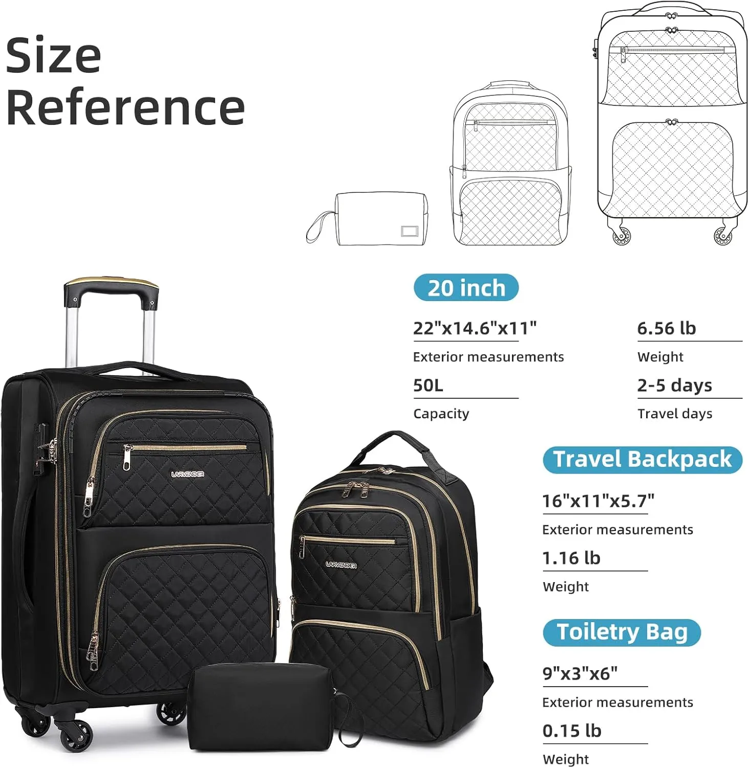 LARVENDER Softside Carry On Luggage 3 Piece, Expandable Carry On Luggage 22x14x9 Airline Approved 20-inch Carry on Suitcase with Spinner Wheels for Men Women, TSA Lock, Black (20/BP/TB)