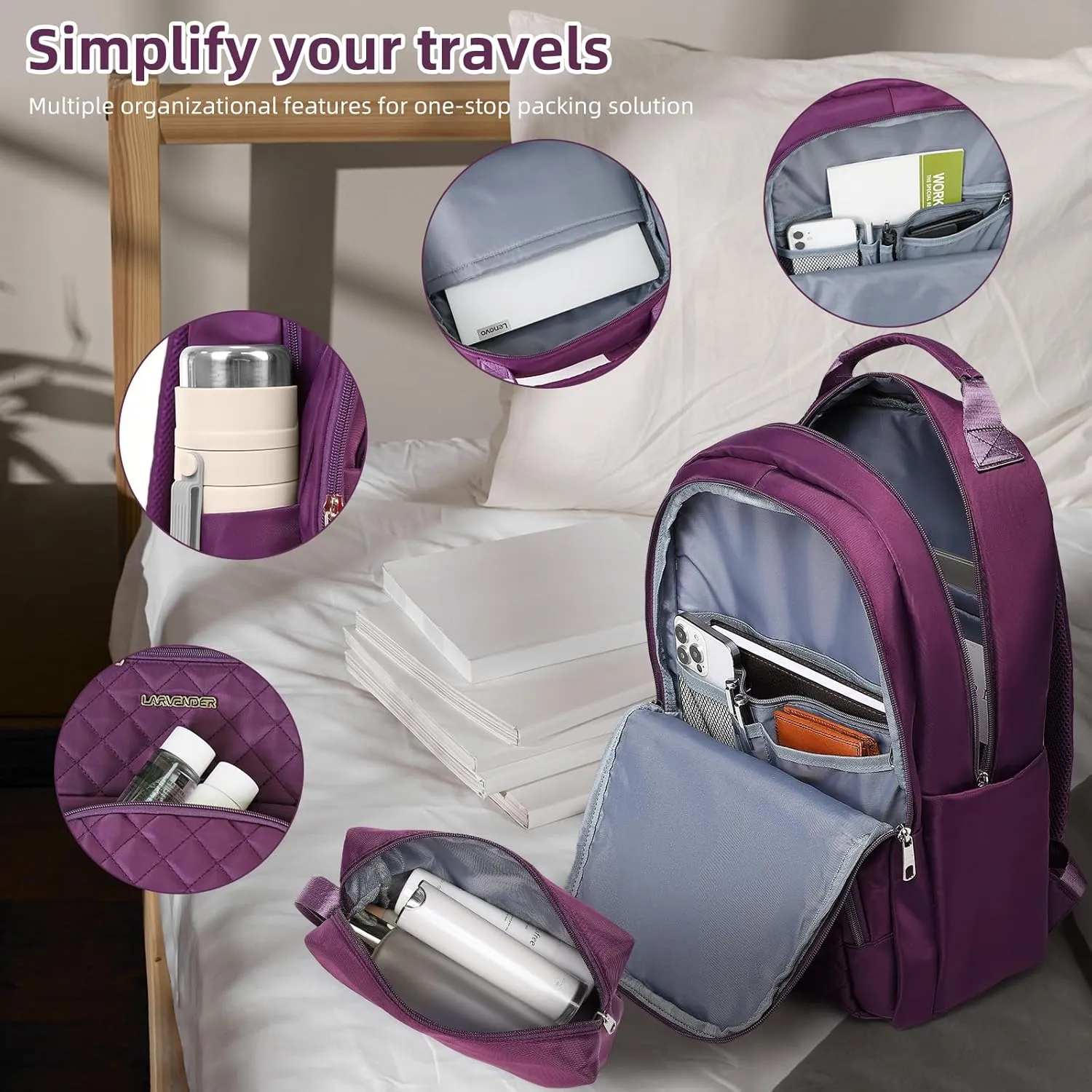 LARVENDER Underseat Carry On Luggage with Wheels Softside 16-inch Underseater Luggage Lightweight Overnight Suitcase for Men Women, Purple, 3 Piece (16/BP/TB)