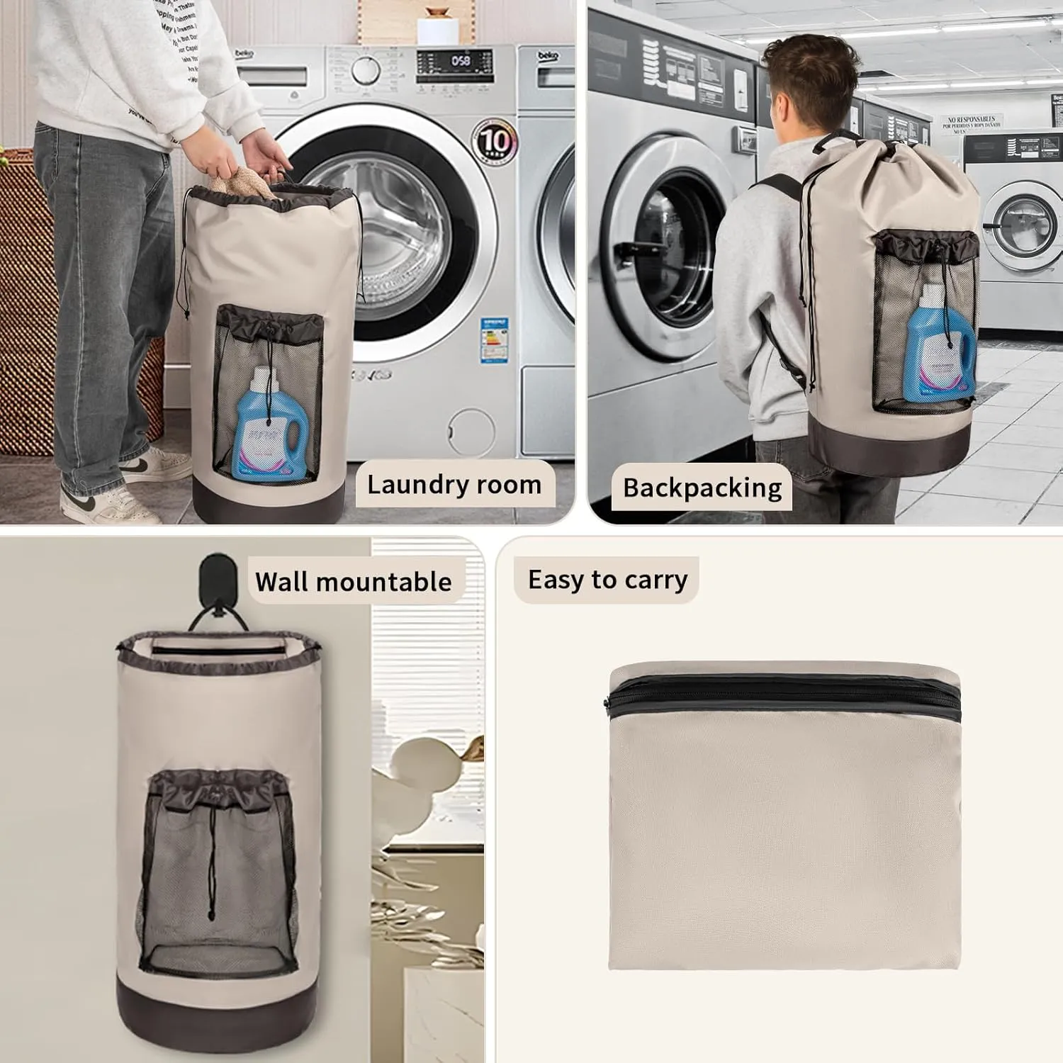 Laundry Bag Backpack with Shoulder Straps and Mesh Pocket Foldable Laundry Hamper for College, Apartment, Laundromat (Grey)