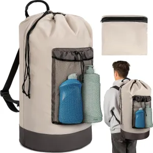 Laundry Bag Backpack with Shoulder Straps and Mesh Pocket Foldable Laundry Hamper for College, Apartment, Laundromat (Grey)
