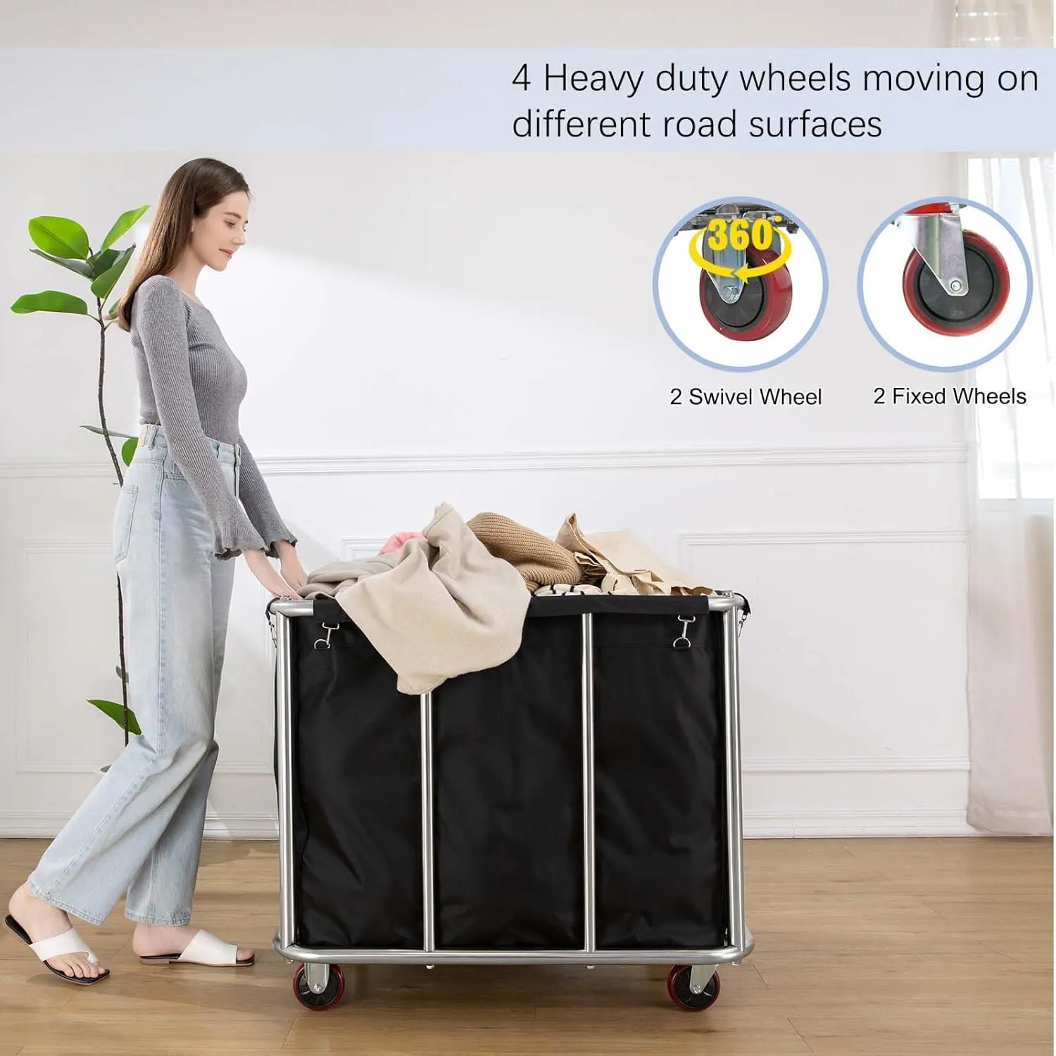 Laundry Cart Commercial Black,11.35 Bushel Large Industrial Rolling Laundry Hamper with 4 Inch Wheels,Household Heavy Duty Laundry Baskets with Stainless Steel Frame, 260 LBS Weight Capacity