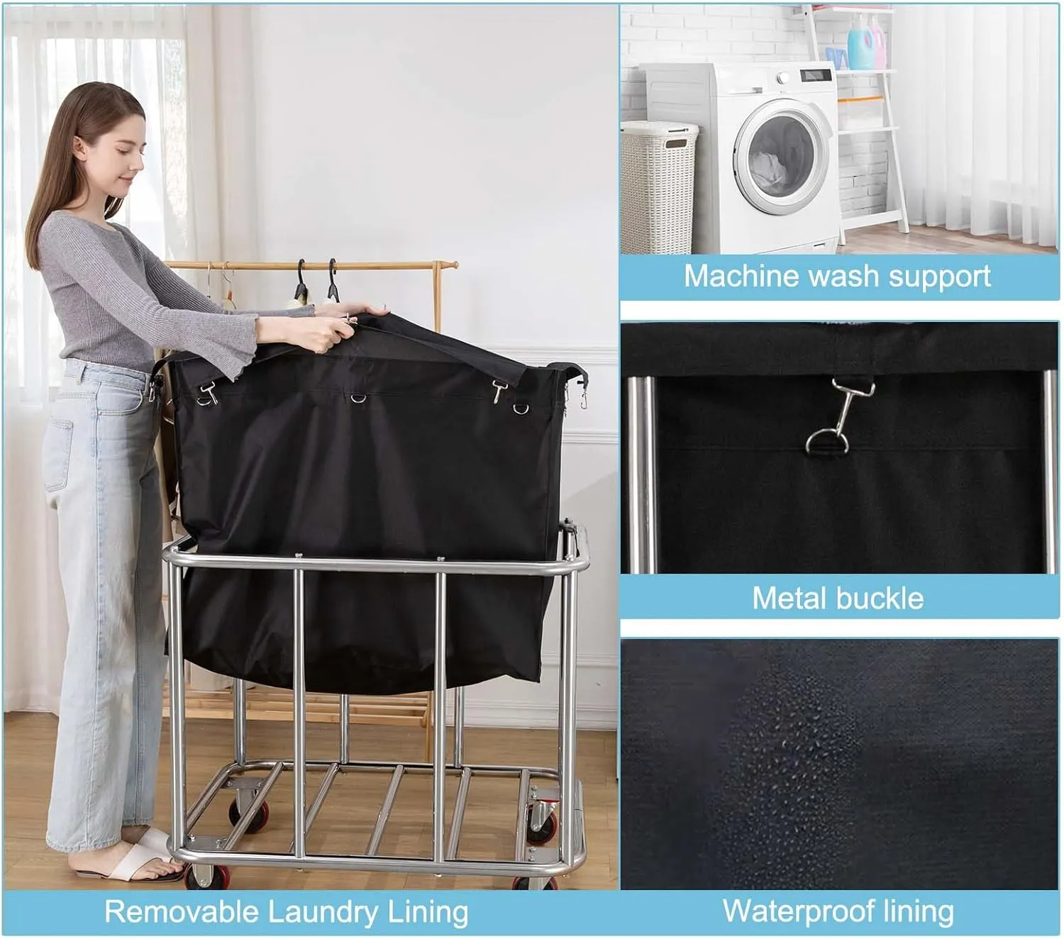 Laundry Cart Commercial Black,11.35 Bushel Large Industrial Rolling Laundry Hamper with 4 Inch Wheels,Household Heavy Duty Laundry Baskets with Stainless Steel Frame, 260 LBS Weight Capacity