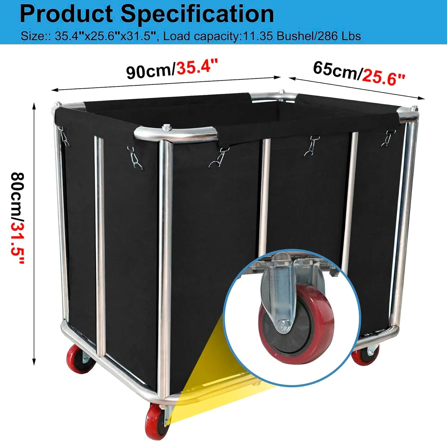 Laundry Cart Commercial Black,11.35 Bushel Large Industrial Rolling Laundry Hamper with 4 Inch Wheels,Household Heavy Duty Laundry Baskets with Stainless Steel Frame, 260 LBS Weight Capacity