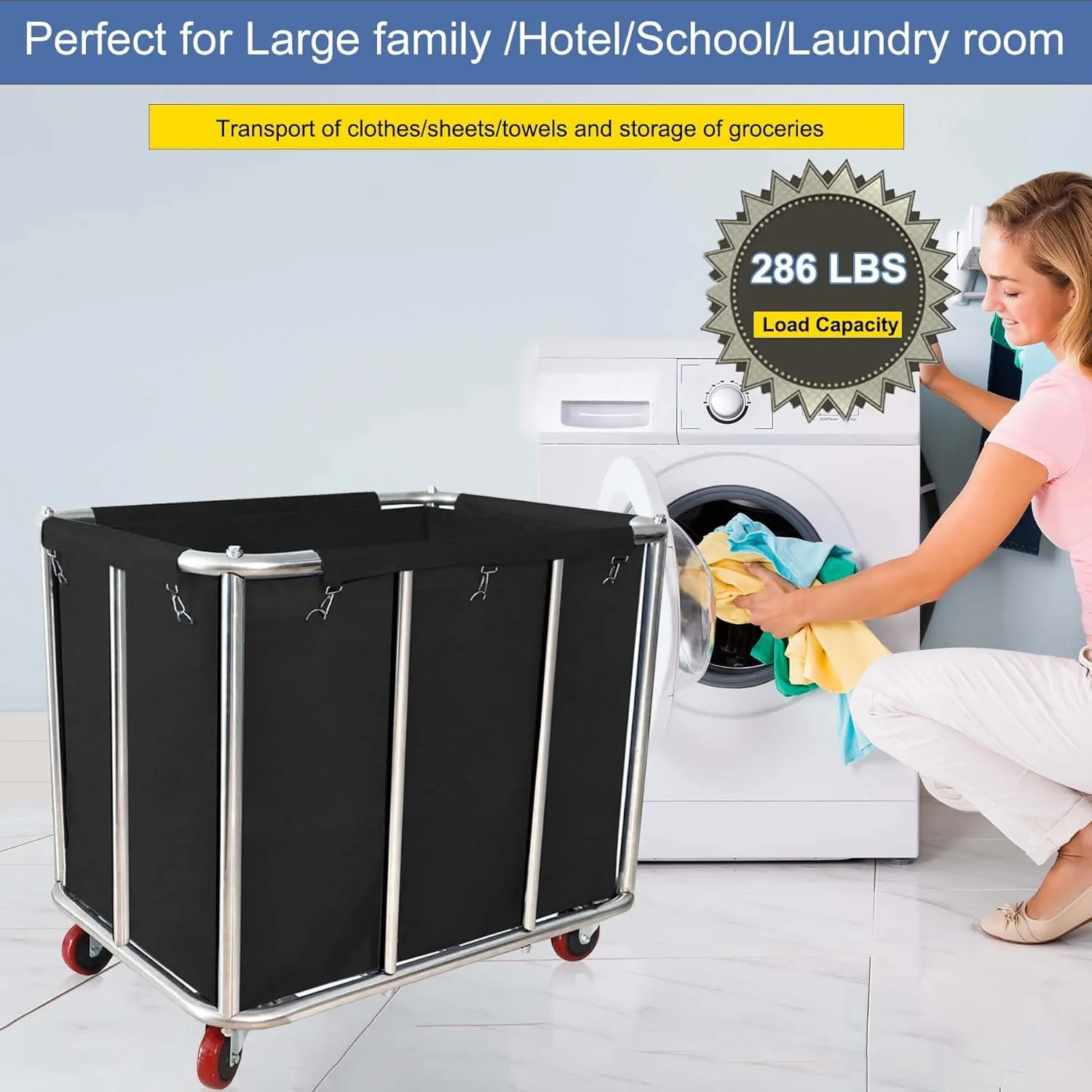 Laundry Cart Commercial Black,11.35 Bushel Large Industrial Rolling Laundry Hamper with 4 Inch Wheels,Household Heavy Duty Laundry Baskets with Stainless Steel Frame, 260 LBS Weight Capacity
