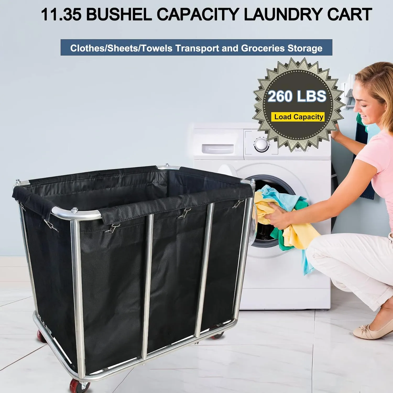 Laundry Cart Commercial,11.35 Bushel (105 Gal) Large Industrial Rolling Laundry Hamper with 4 Inch Wheels,Home Heavy Duty Laundry Baskets with Stainless Steel Frame, 260 LBS Weight Capacity (Black)