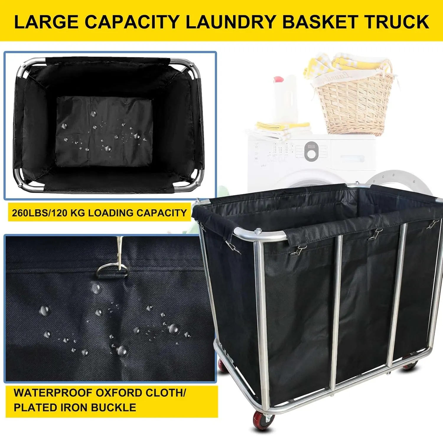 Laundry Cart Commercial,11.35 Bushel (105 Gal) Large Industrial Rolling Laundry Hamper with 4 Inch Wheels,Home Heavy Duty Laundry Baskets with Stainless Steel Frame, 260 LBS Weight Capacity (Black)