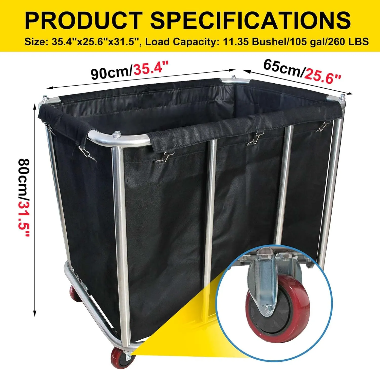 Laundry Cart Commercial,11.35 Bushel (105 Gal) Large Industrial Rolling Laundry Hamper with 4 Inch Wheels,Home Heavy Duty Laundry Baskets with Stainless Steel Frame, 260 LBS Weight Capacity (Black)
