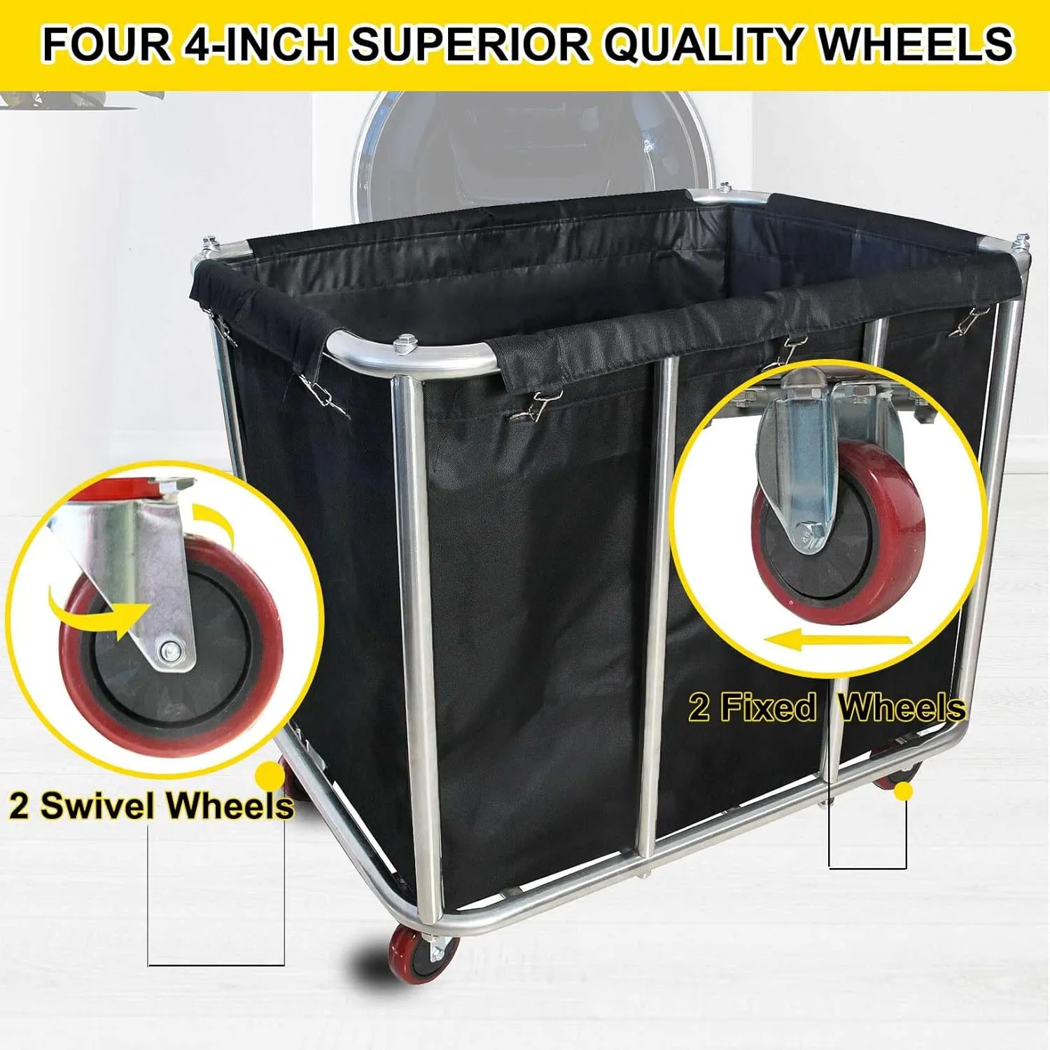 Laundry Cart Commercial,11.35 Bushel (105 Gal) Large Industrial Rolling Laundry Hamper with 4 Inch Wheels,Home Heavy Duty Laundry Baskets with Stainless Steel Frame, 260 LBS Weight Capacity (Black)