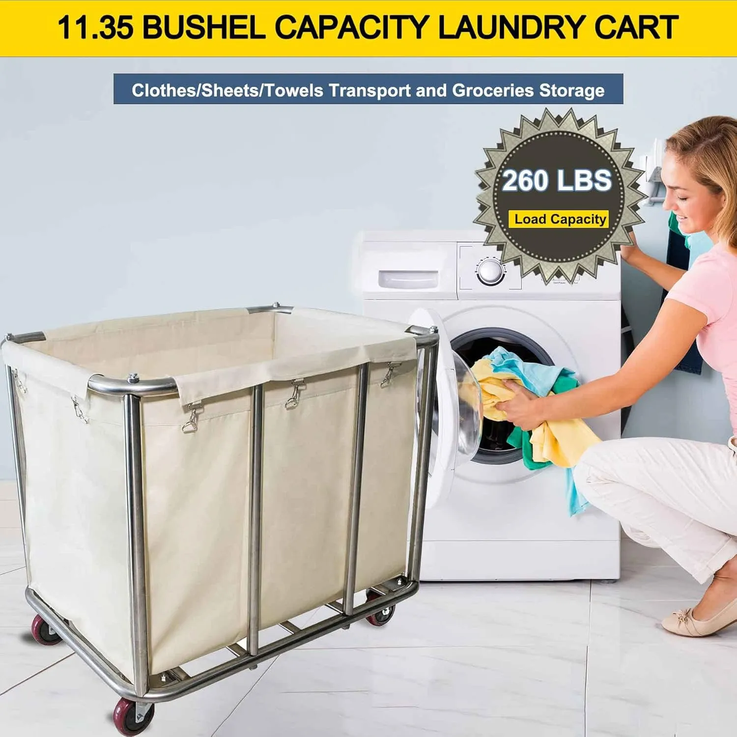 Laundry Cart Commercial,11.35 Bushel Large Industrial Rolling Laundry Hamper with 4 Inch Wheels,Home Heavy Duty Laundry Baskets with Stainless Steel Frame, 260 LBS Load