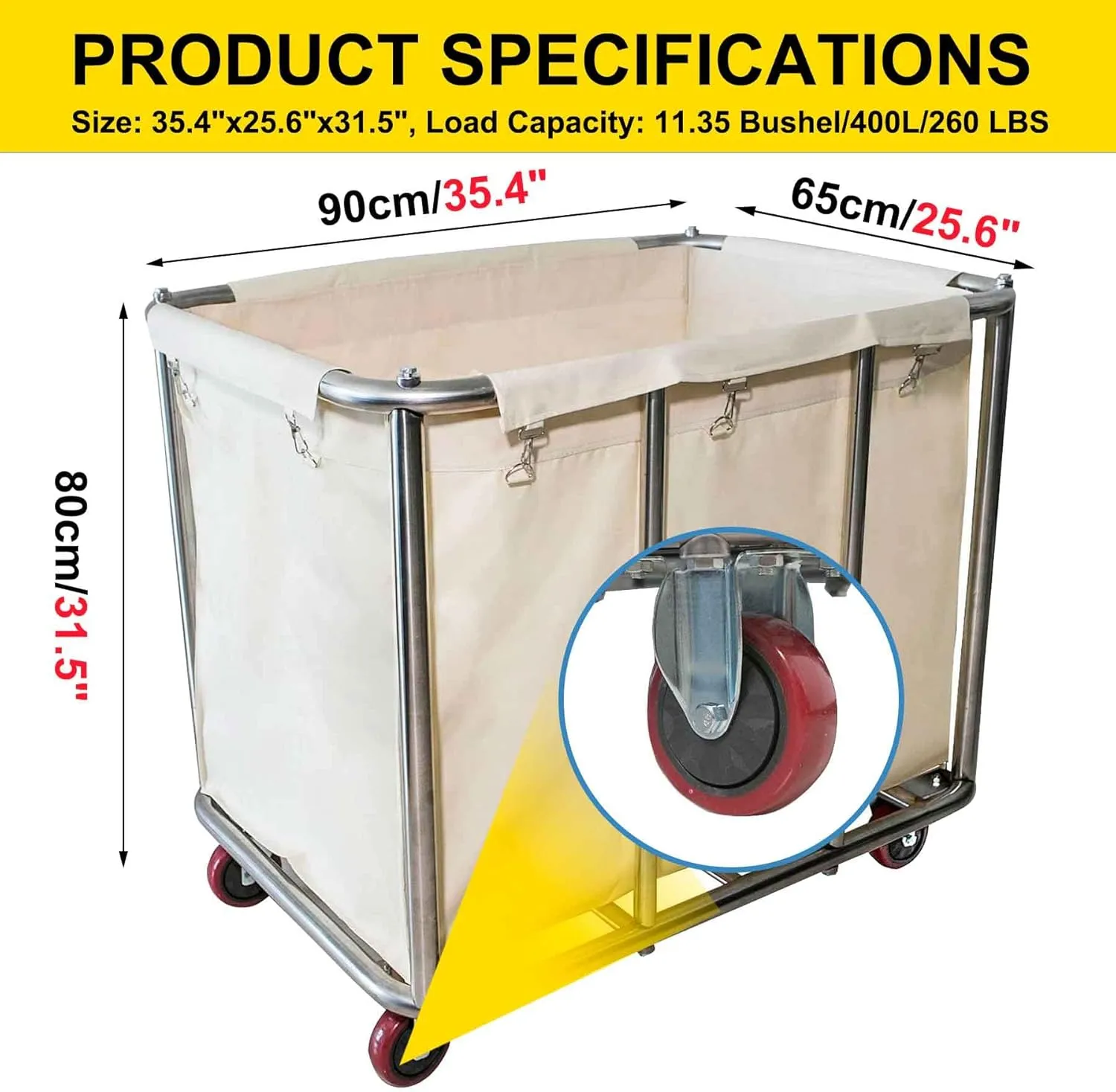 Laundry Cart Commercial,11.35 Bushel Large Industrial Rolling Laundry Hamper with 4 Inch Wheels,Home Heavy Duty Laundry Baskets with Stainless Steel Frame, 260 LBS Load