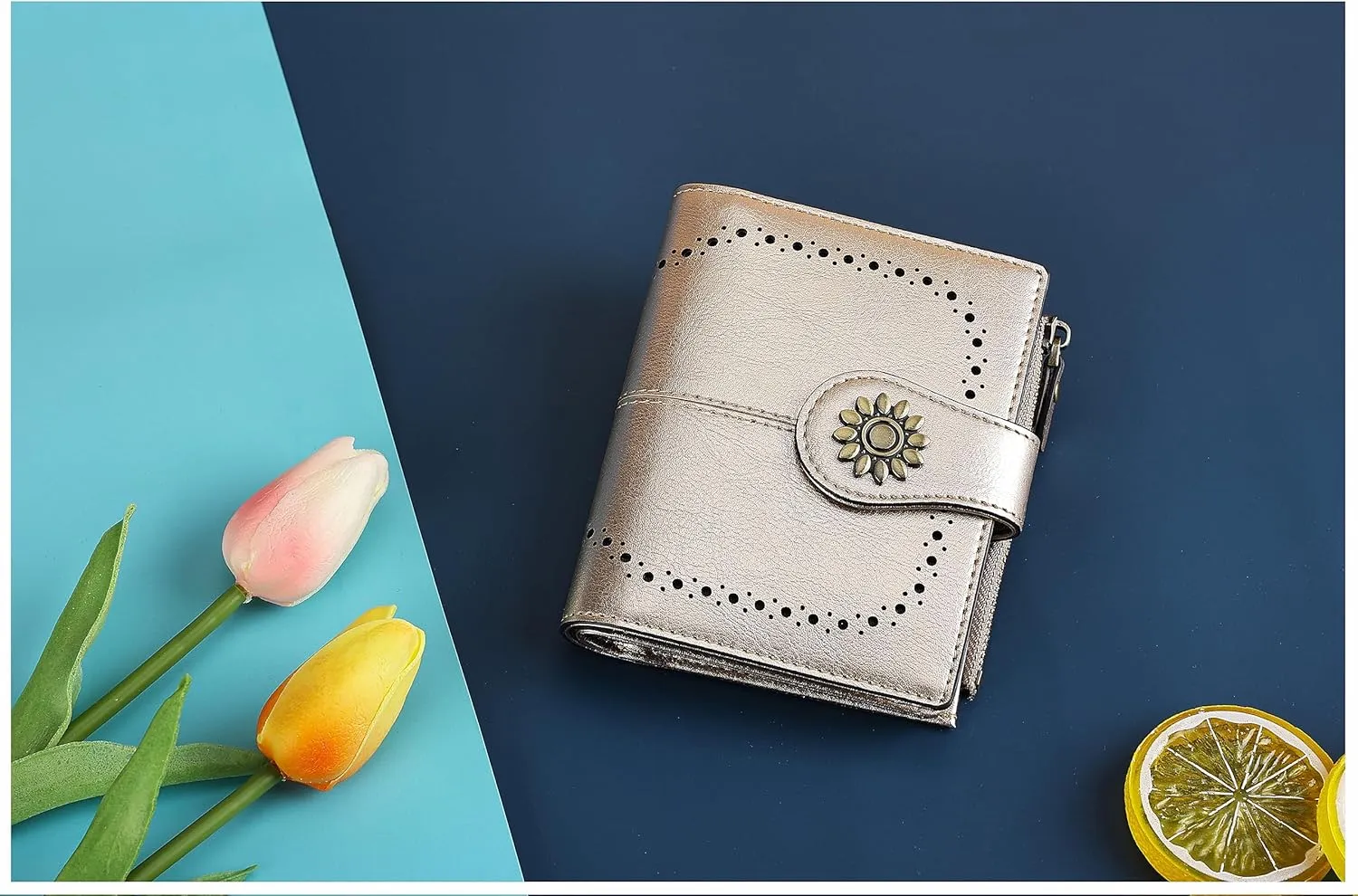 Lavemi Womens Leather Wallet Small Compact RFID Blocking Credit Card Case Purse with Zipper Pocket
