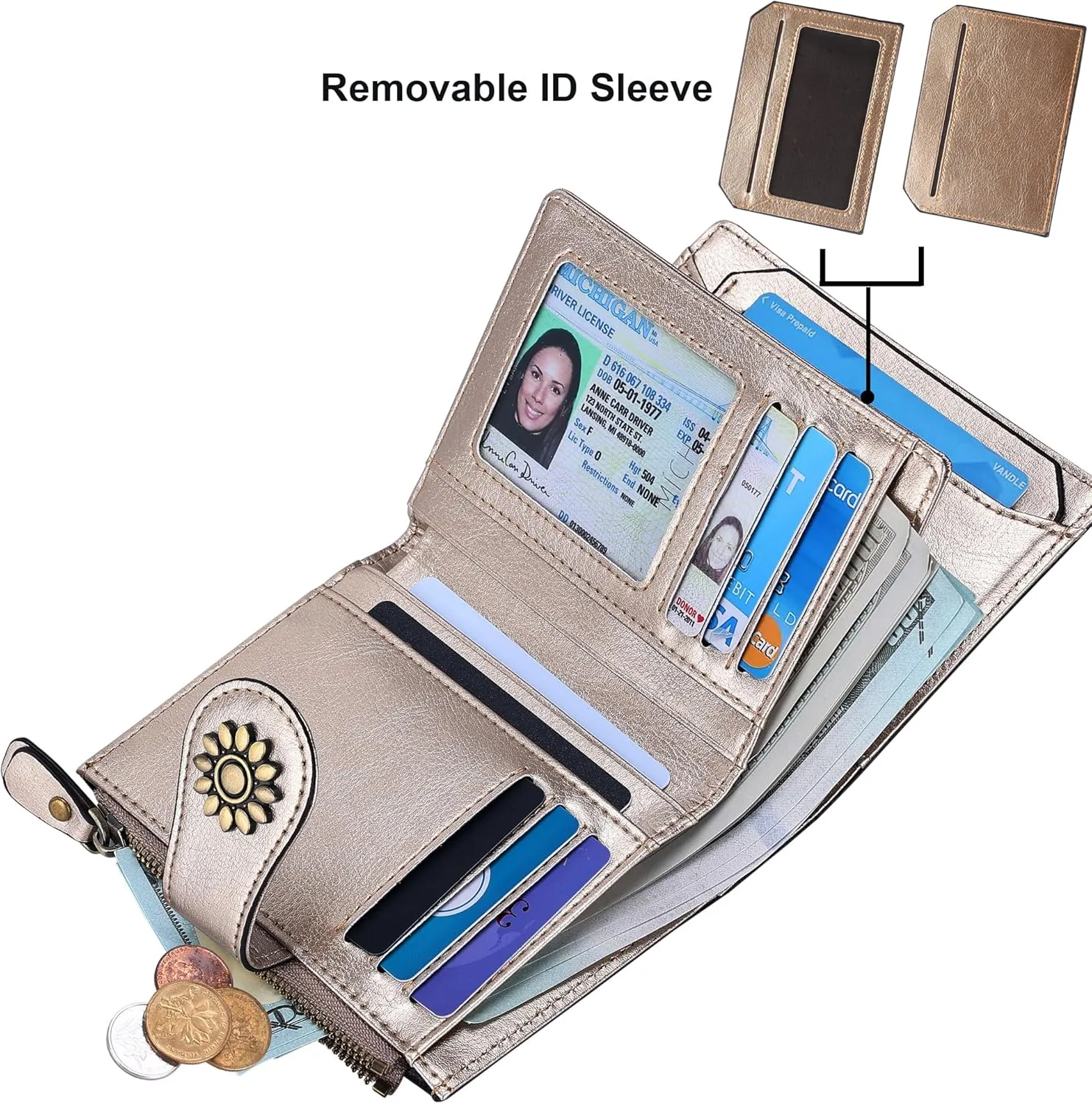 Lavemi Womens Leather Wallet Small Compact RFID Blocking Credit Card Case Purse with Zipper Pocket