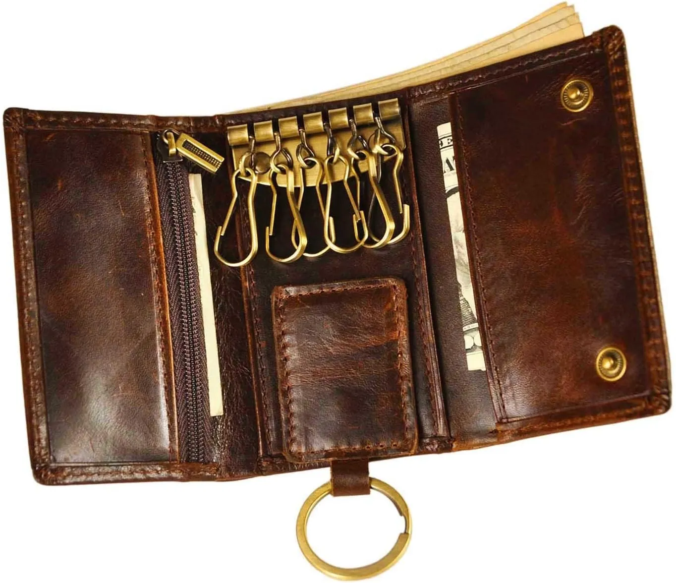 Le'aokuu Mens Genuine Leather Car Key Case Loop Hook Coin Case Cover Wallet Snap