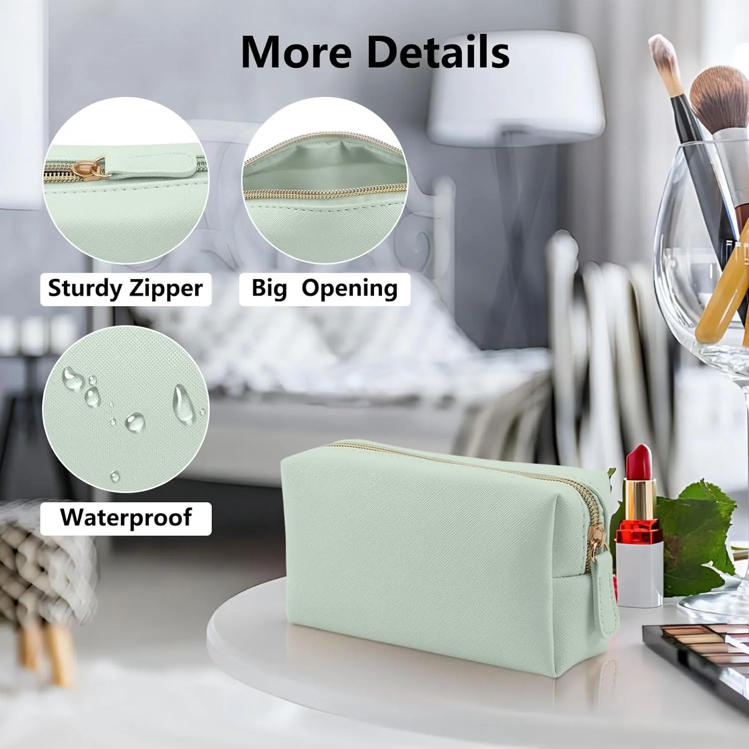 Leather Makeup Bag for Purse Travel, Portable Small Cosmetic Organizer for Women and Girls, Make up Bag with Zipper