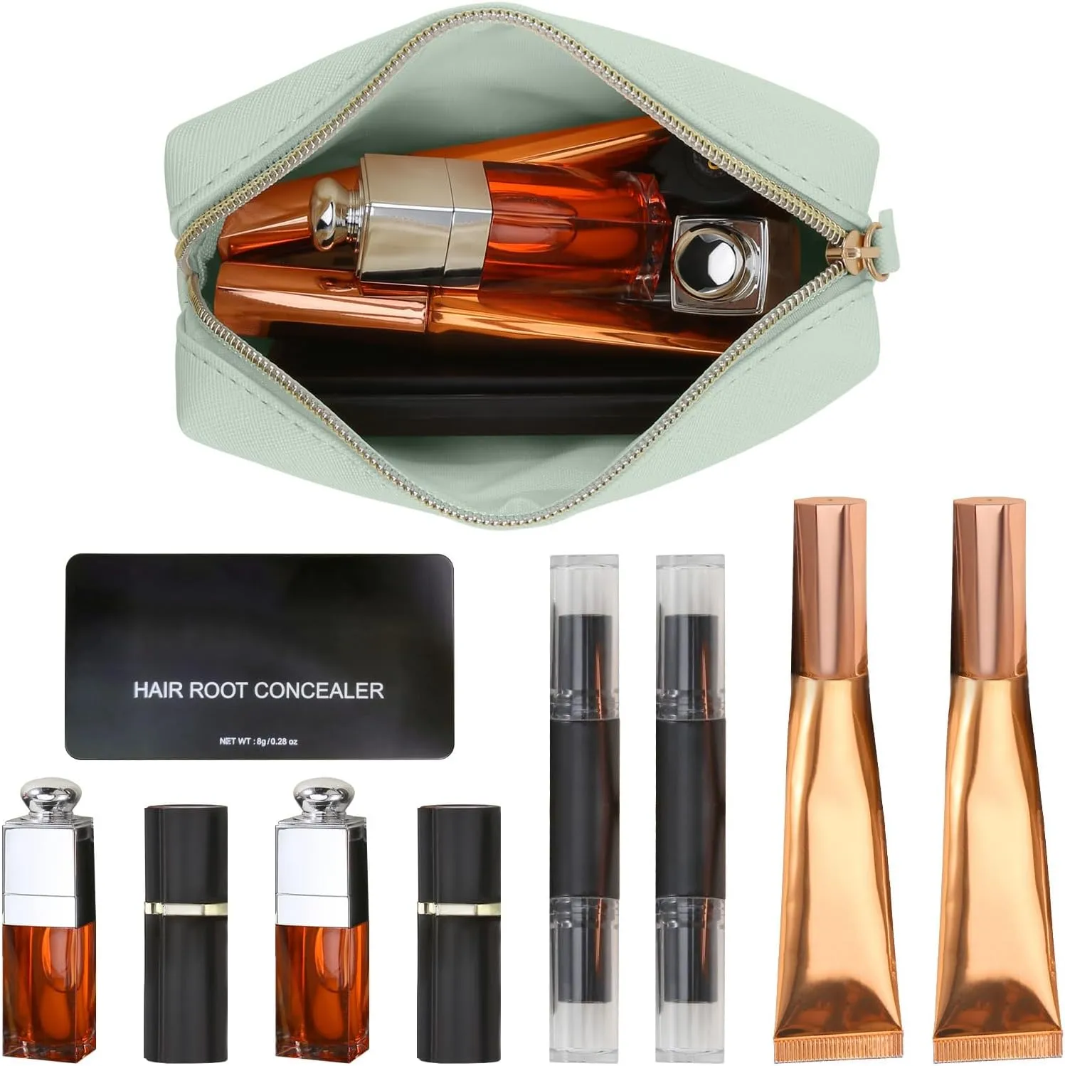 Leather Makeup Bag for Purse Travel, Portable Small Cosmetic Organizer for Women and Girls, Make up Bag with Zipper