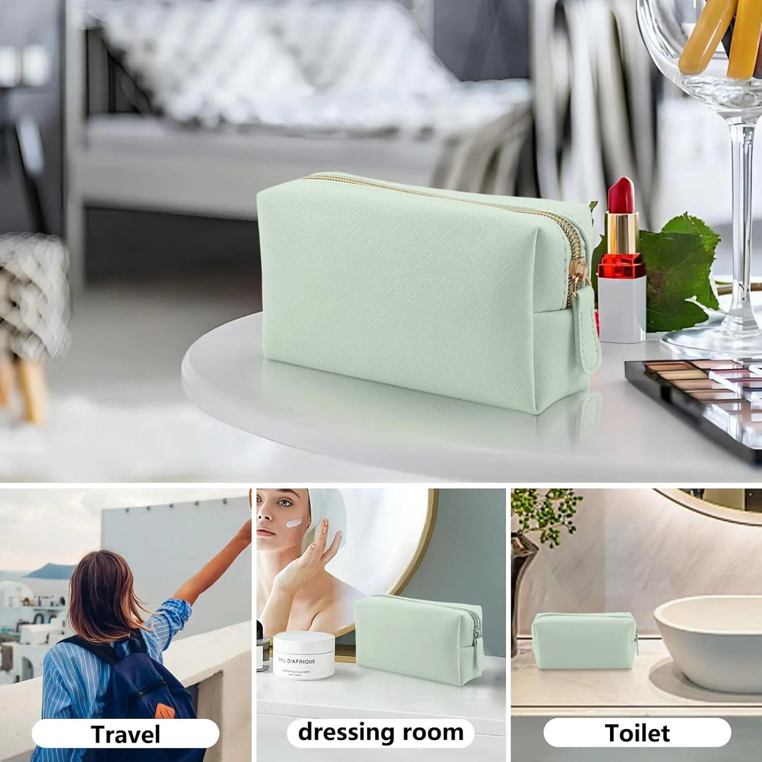 Leather Makeup Bag for Purse Travel, Portable Small Cosmetic Organizer for Women and Girls, Make up Bag with Zipper