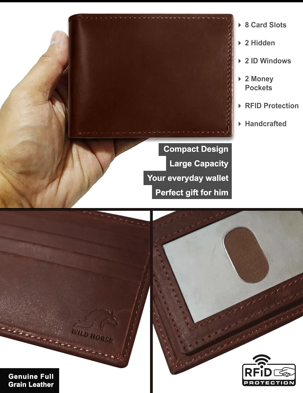 Leather Wallet for Men, RFID Wallet, Hold upto 14 Cards, 2 ID Windows, 2 Money Pockets, Slim Bifold Wallet for Men