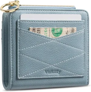Leather Wallet for Woman RFID Blocking Bifold Small Compact Wallets Zipper Pocket Purse Large Capacity Card Hold Case with ID Window Blue