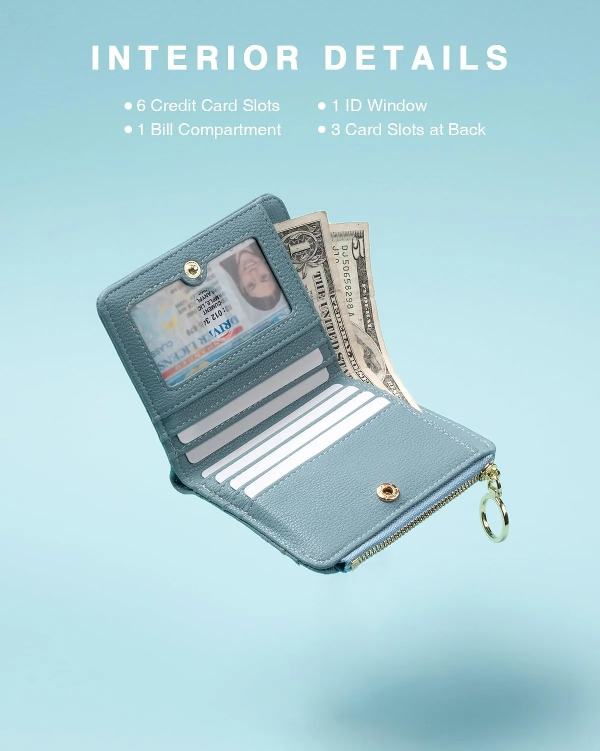 Leather Wallet for Woman RFID Blocking Bifold Small Compact Wallets Zipper Pocket Purse Large Capacity Card Hold Case with ID Window Blue
