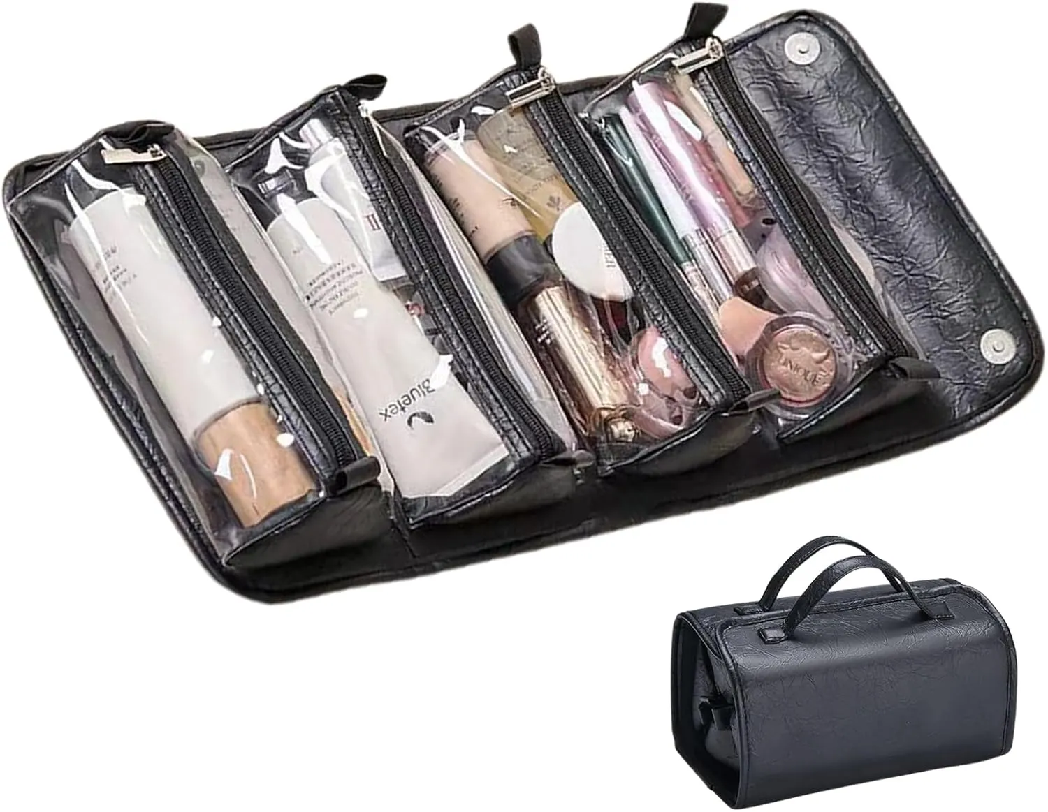 Leather Waterproof Cosmetic Bag, Waterproof Travel Toiletry Bag 4 Detachable Clear Compartment, Roll Up Makeup 4-In-1 Pu Leather Makeup Organizer Bag with 4 Detachable Pouches (Black)