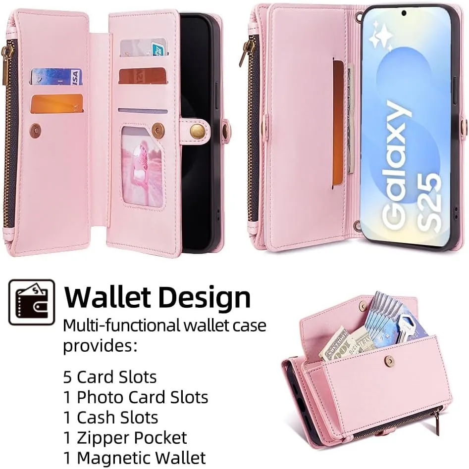 Leedia Crossbody Wallet Case for Galaxy S25 for Women, PU Leather Flip Case with [RFID Blocking] Card Holder, Zipper Handbag Magnetic Snap Wrist Strap for Samsung Galaxy S25 6.2" Red