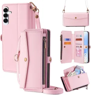 Leedia Crossbody Wallet Case for Galaxy S25 for Women, PU Leather Flip Case with [RFID Blocking] Card Holder, Zipper Handbag Magnetic Snap Wrist Strap for Samsung Galaxy S25 6.2" Red